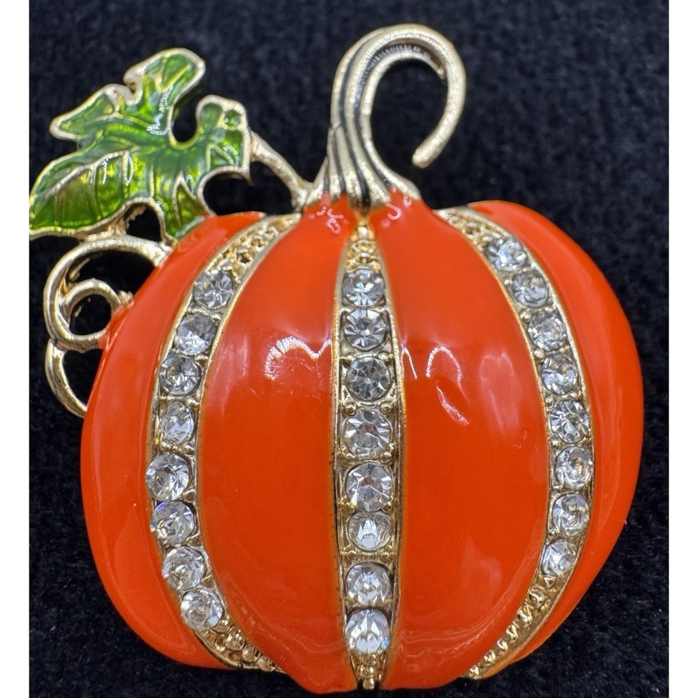 Pumpkin Rhinestone Brooch Orange Enamel Fall Harvest Thanksgiving Pin